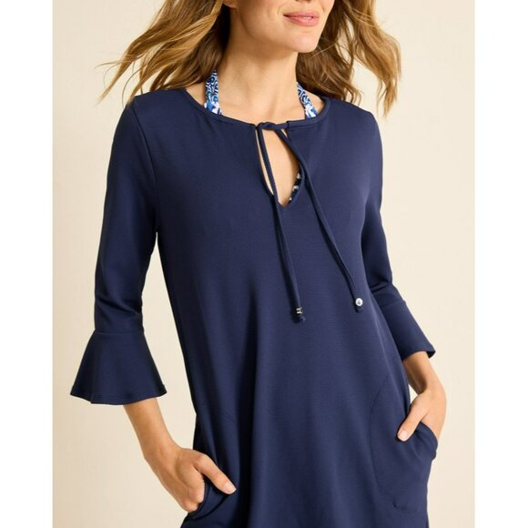 Tommy Bahama Navy Blue 3/4 Sleeve Dress W/ Flared Cuffs & Drawstring Neckline Si - Picture 2 of 11